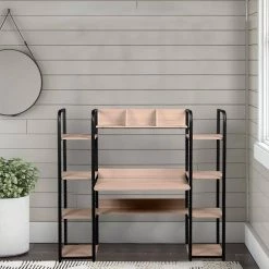 63 in. Retangular Oak MDF Work Station Writing Desk for Home Office with Open Storage and Bookshelf by Kahomvis -Kahomvis Sales Store oak kahomvis writing desks ic lkw4 5148 31 1000