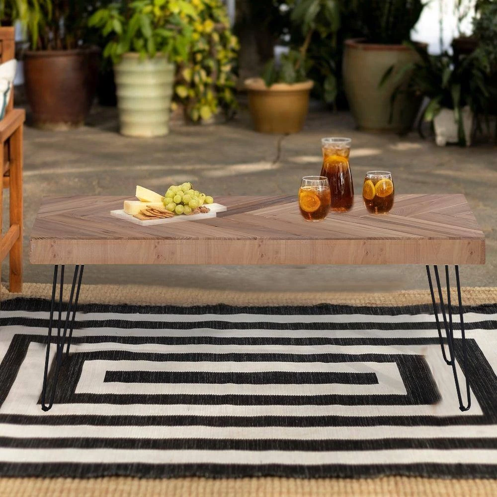 43 .3 in. Old Elm Wood Finished Small Rectangle Wood Coffee Table with Chevron Pattern and Metal Hairpin Legs by Kahomvis 10 43 .3 in. Old Elm Wood Finished Small Rectangle Wood Coffee Table with Chevron Pattern and Metal Hairpin Legs by Kahomvis - Image 10