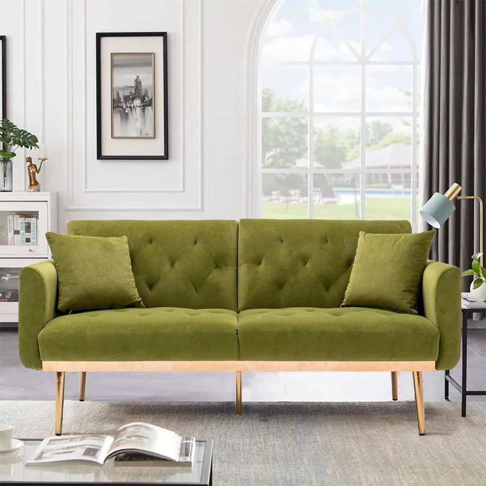 63.77 in. Olive Velvet Fabric Upholstered 2-Seater Modern Loveseat with Rose Gold Metal Feet and Pillows by Kahomvis 10 63.77 in. Olive Velvet Fabric Upholstered 2-Seater Modern Loveseat with Rose Gold Metal Feet and Pillows by Kahomvis - Image 10