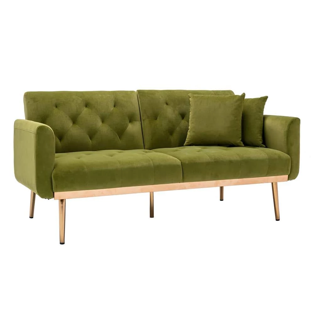 63.77 in. Olive Velvet Fabric Upholstered 2-Seater Modern Loveseat with Rose Gold Metal Feet and Pillows by Kahomvis 1 63.77 in. Olive Velvet Fabric Upholstered 2-Seater Modern Loveseat with Rose Gold Metal Feet and Pillows by Kahomvis