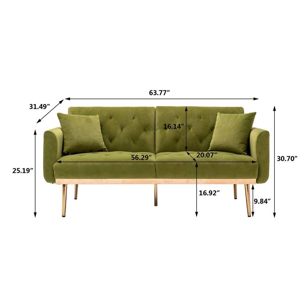 63.77 in. Olive Velvet Fabric Upholstered 2-Seater Modern Loveseat with Rose Gold Metal Feet and Pillows by Kahomvis 9 63.77 in. Olive Velvet Fabric Upholstered 2-Seater Modern Loveseat with Rose Gold Metal Feet and Pillows by Kahomvis - Image 9