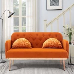 55.11 in. Orange Velvet Upholstered 2-Seater Loveseat with Pillows and Metal Feet by Kahomvis -Kahomvis Sales Store orange kahomvis loveseats cm lkw3 6712 31 1000