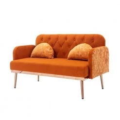 55.11 in. Orange Velvet Upholstered 2-Seater Loveseat with Pillows and Metal Feet by Kahomvis