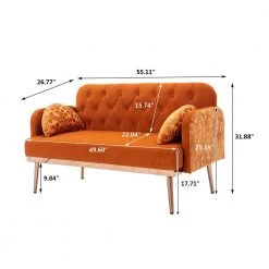 55.11 in. Orange Velvet Upholstered 2-Seater Loveseat with Pillows and Metal Feet by Kahomvis -Kahomvis Sales Store orange kahomvis loveseats cm lkw3 6712 fa 1000