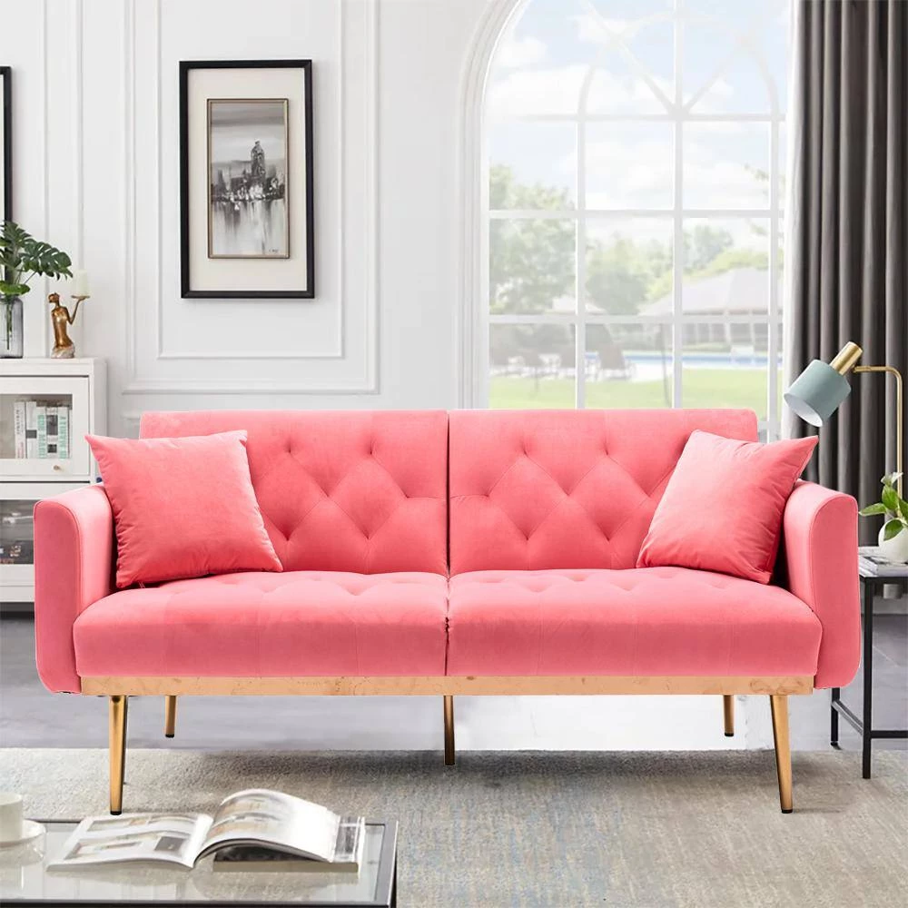63.77 in. Peach Velvet Fabric Upholstered 2-Seater Modern Loveseat with Rose Gold Metal Feet and Pillows by Kahomvis 10 63.77 in. Peach Velvet Fabric Upholstered 2-Seater Modern Loveseat with Rose Gold Metal Feet and Pillows by Kahomvis - Image 10
