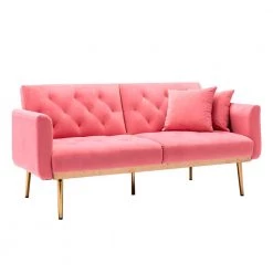 63.77 in. Peach Velvet Fabric Upholstered 2-Seater Modern Loveseat with Rose Gold Metal Feet and Pillows by Kahomvis