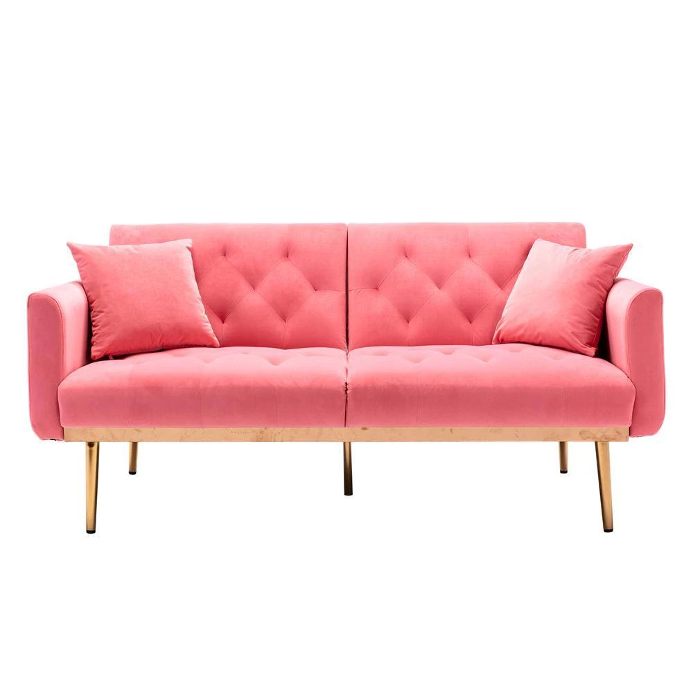 63.77 in. Peach Velvet Fabric Upholstered 2-Seater Modern Loveseat with Rose Gold Metal Feet and Pillows by Kahomvis 4 63.77 in. Peach Velvet Fabric Upholstered 2-Seater Modern Loveseat with Rose Gold Metal Feet and Pillows by Kahomvis - Image 4