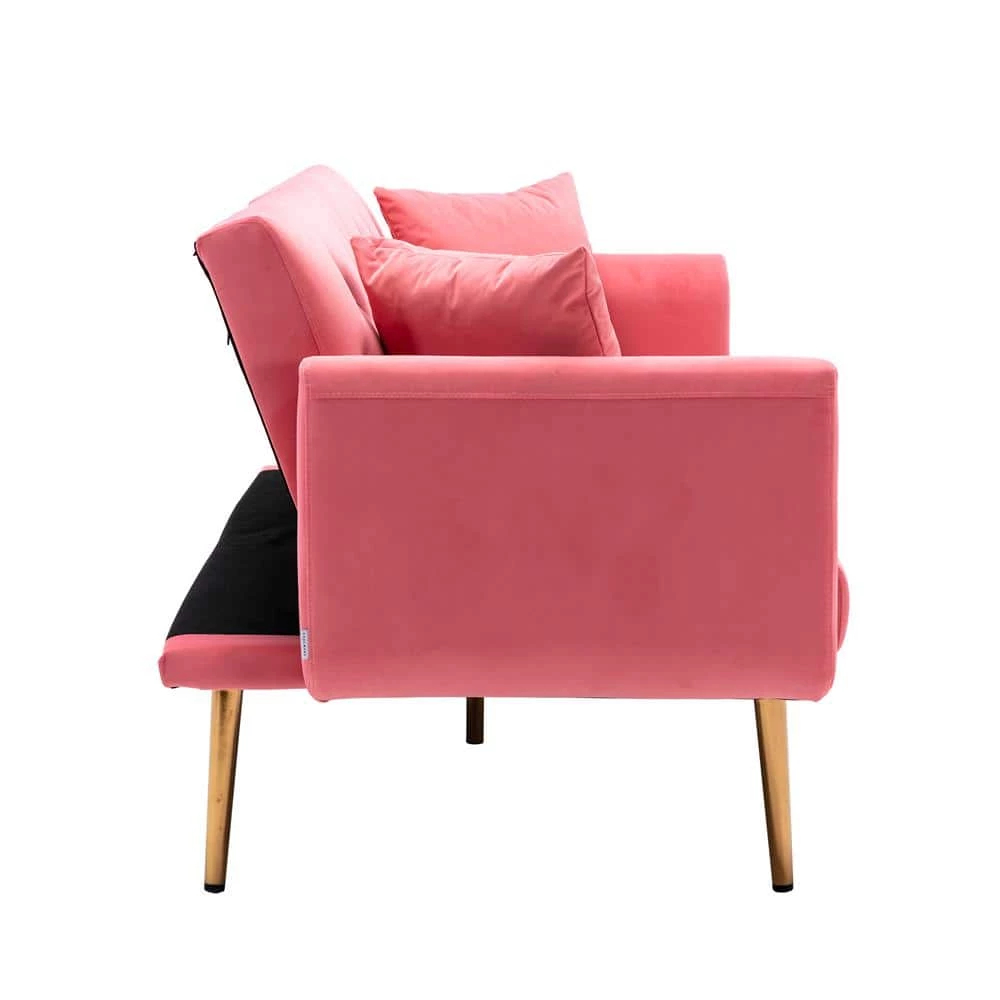 63.77 in. Peach Velvet Fabric Upholstered 2-Seater Modern Loveseat with Rose Gold Metal Feet and Pillows by Kahomvis 2 63.77 in. Peach Velvet Fabric Upholstered 2-Seater Modern Loveseat with Rose Gold Metal Feet and Pillows by Kahomvis - Image 2