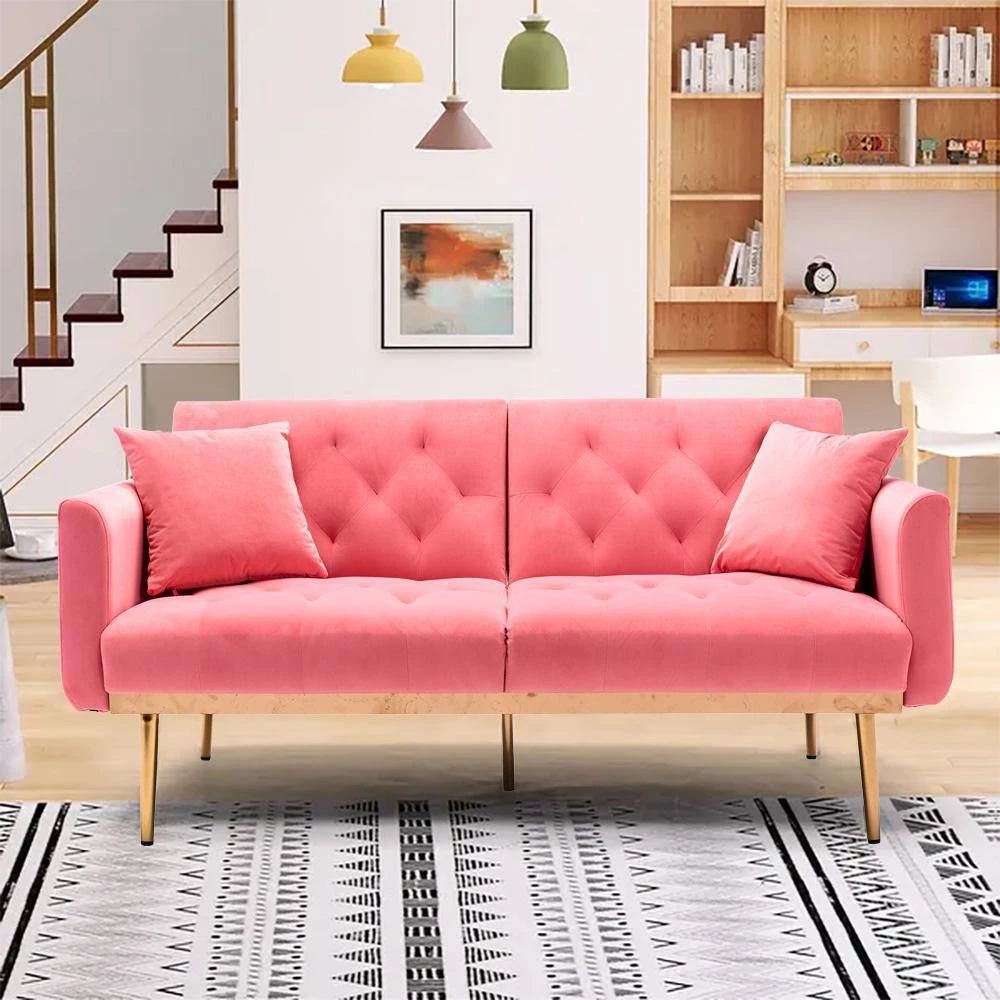 63.77 in. Peach Velvet Fabric Upholstered 2-Seater Modern Loveseat with Rose Gold Metal Feet and Pillows by Kahomvis 8 63.77 in. Peach Velvet Fabric Upholstered 2-Seater Modern Loveseat with Rose Gold Metal Feet and Pillows by Kahomvis - Image 8
