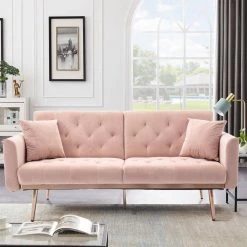 63.77 in. Pink Velvet Fabric Upholstered 2-Seater Modern Loveseat with Rose Gold Metal Feet and Pillows by Kahomvis -Kahomvis Sales Store pink kahomvis loveseats cm lkw3 6040 31 1000
