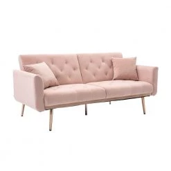 63.77 in. Pink Velvet Fabric Upholstered 2-Seater Modern Loveseat with Rose Gold Metal Feet and Pillows by Kahomvis
