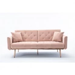 63.77 in. Pink Velvet Fabric Upholstered 2-Seater Modern Loveseat with Rose Gold Metal Feet and Pillows by Kahomvis -Kahomvis Sales Store pink kahomvis loveseats cm lkw3 6040 c3 1000