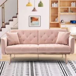 63.77 in. Pink Velvet Fabric Upholstered 2-Seater Modern Loveseat with Rose Gold Metal Feet and Pillows by Kahomvis -Kahomvis Sales Store pink kahomvis loveseats cm lkw3 6040 fa 1000