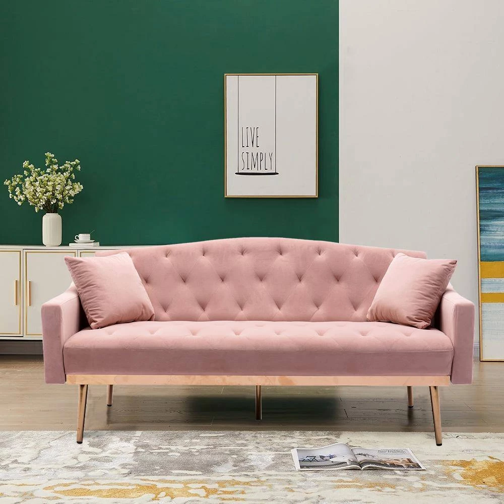 65.3 in. Pink Velvet Fabric Upholstered 2-Seater Loveseat with Metal Feet and Pillows, Tufted Adjustable Back Sofa Bed by Kahomvis 10 65.3 in. Pink Velvet Fabric Upholstered 2-Seater Loveseat with Metal Feet and Pillows, Tufted Adjustable Back Sofa Bed by Kahomvis - Image 10
