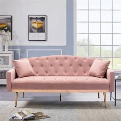 65.3 in. Pink Velvet Fabric Upholstered 2-Seater Loveseat with Metal Feet and Pillows, Tufted Adjustable Back Sofa Bed by Kahomvis 16 65.3 in. Pink Velvet Fabric Upholstered 2-Seater Loveseat with Metal Feet and Pillows, Tufted Adjustable Back Sofa Bed by Kahomvis -Kahomvis Sales Store pink kahomvis loveseats cm lkw3 6632 44 1000