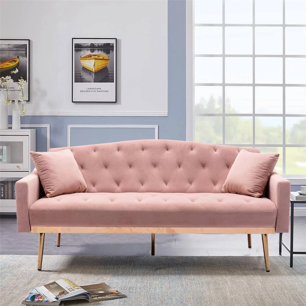 65.3 in. Pink Velvet Fabric Upholstered 2-Seater Loveseat with Metal Feet and Pillows, Tufted Adjustable Back Sofa Bed by Kahomvis 7 65.3 in. Pink Velvet Fabric Upholstered 2-Seater Loveseat with Metal Feet and Pillows, Tufted Adjustable Back Sofa Bed by Kahomvis - Image 7
