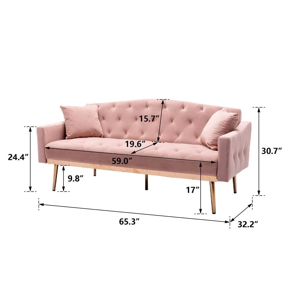 65.3 in. Pink Velvet Fabric Upholstered 2-Seater Loveseat with Metal Feet and Pillows, Tufted Adjustable Back Sofa Bed by Kahomvis 9 65.3 in. Pink Velvet Fabric Upholstered 2-Seater Loveseat with Metal Feet and Pillows, Tufted Adjustable Back Sofa Bed by Kahomvis - Image 9