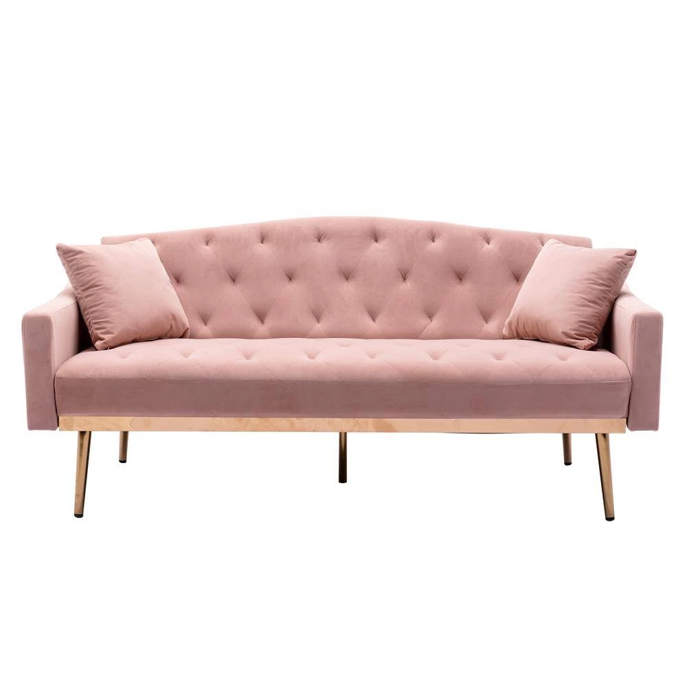 65.3 in. Pink Velvet Fabric Upholstered 2-Seater Loveseat with Metal Feet and Pillows, Tufted Adjustable Back Sofa Bed by Kahomvis 4 65.3 in. Pink Velvet Fabric Upholstered 2-Seater Loveseat with Metal Feet and Pillows, Tufted Adjustable Back Sofa Bed by Kahomvis - Image 4