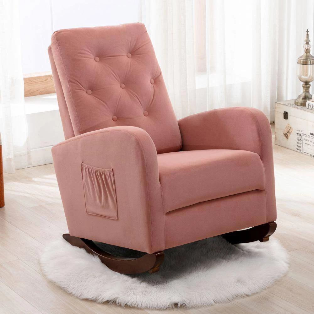 Pink Velvet Tufted Fabric Modern High Back Rocking Arm Chair (Set of 1) by Kahomvis 8 Pink Velvet Tufted Fabric Modern High Back Rocking Arm Chair (Set of 1) by Kahomvis - Image 8