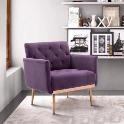 Purple Velvet Upholstered Tufted Arm Chair, Rose Golden Iron Feet Single Sofa (Set of 1) by Kahomvis -Kahomvis Sales Store purple kahomvis accent chairs cm lkw3 8882 31 1000