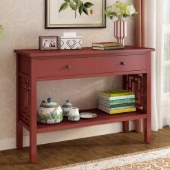 41.7 in. Red Pine Solid Wood Rectangle Console Table with 2 Drawers and Shelf by Kahomvis -Kahomvis Sales Store red kahomvis console tables u lkwf2 87aar 1f 1000
