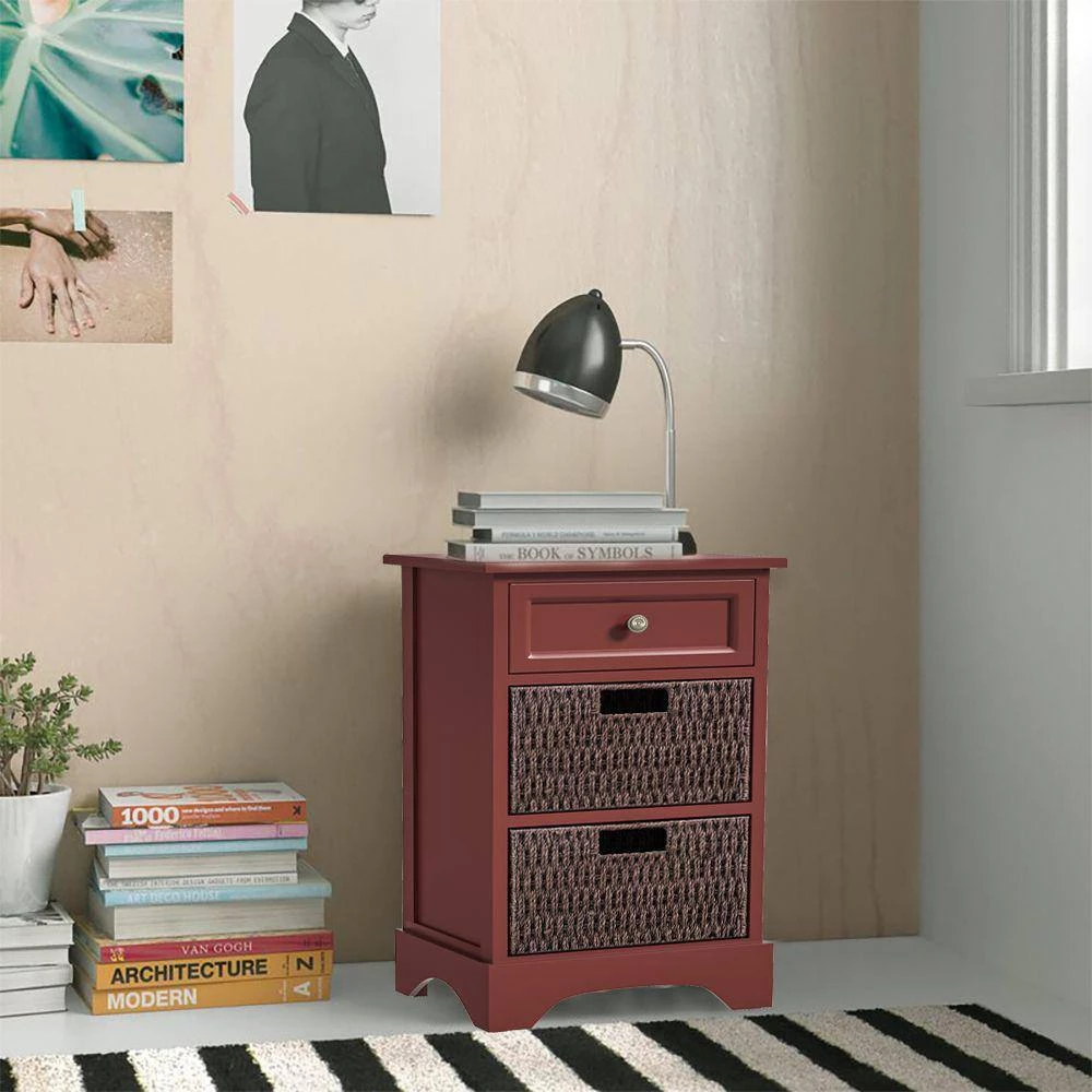 15 in. Red Tall Rectangle Wood End Table with Drawer and Baskets by Kahomvis 7 15 in. Red Tall Rectangle Wood End Table with Drawer and Baskets by Kahomvis - Image 7