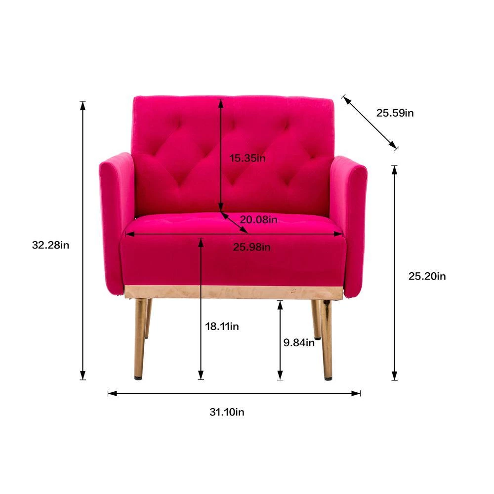 Rose Red Velvet Upholstered Tufted Arm Chair, Rose Golden Iron Feet Single Sofa (Set of 1) by Kahomvis 8 Rose Red Velvet Upholstered Tufted Arm Chair, Rose Golden Iron Feet Single Sofa (Set of 1) by Kahomvis - Image 8