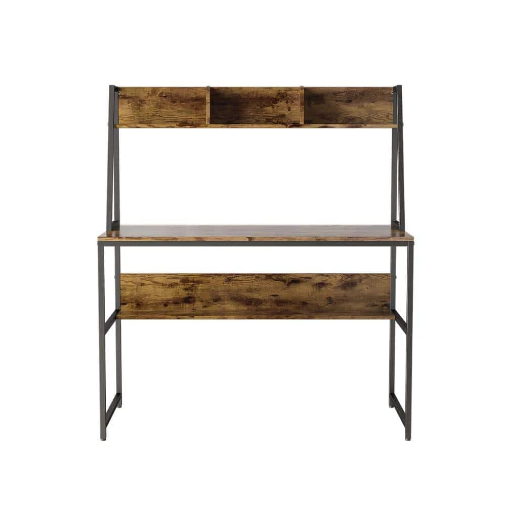 45.3 in. Retangular Industrial Rustic Brown Wood Computer Desk with Storage Shelves by Kahomvis 1 45.3 in. Retangular Industrial Rustic Brown Wood Computer Desk with Storage Shelves by Kahomvis