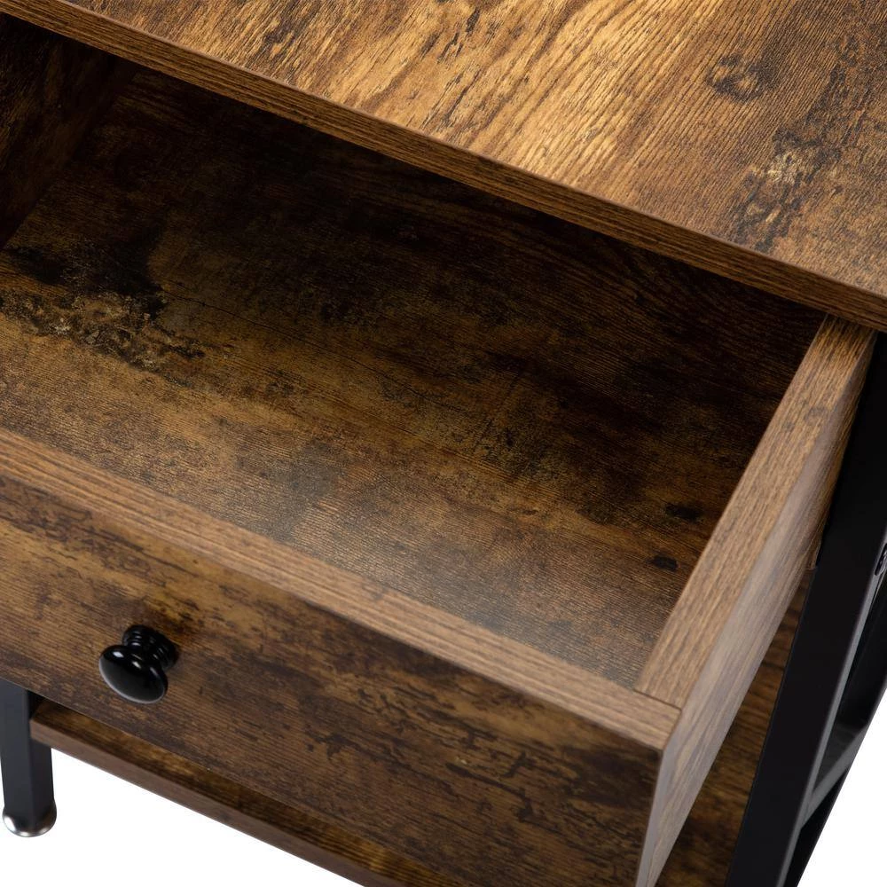 1-Drawer Rustic Brown Wood End Table Nightstand with Storage Shelf and Metal Frame 23.5"H x 15.5"W x 15.5"D (2-Pack) by Kahomvis 6 1-Drawer Rustic Brown Wood End Table Nightstand with Storage Shelf and Metal Frame 23.5"H x 15.5"W x 15.5"D (2-Pack) by Kahomvis - Image 6