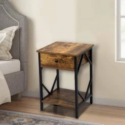 1-Drawer Rustic Brown Wood End Table Nightstand with Storage Shelf and Metal Frame 23.5"H x 15.5"W x 15.5"D (2-Pack) by Kahomvis 15 1-Drawer Rustic Brown Wood End Table Nightstand with Storage Shelf and Metal Frame 23.5"H x 15.5"W x 15.5"D (2-Pack) by Kahomvis -Kahomvis Sales Store rustic brown kahomvis nightstands bss lkw1 1571 31 1000