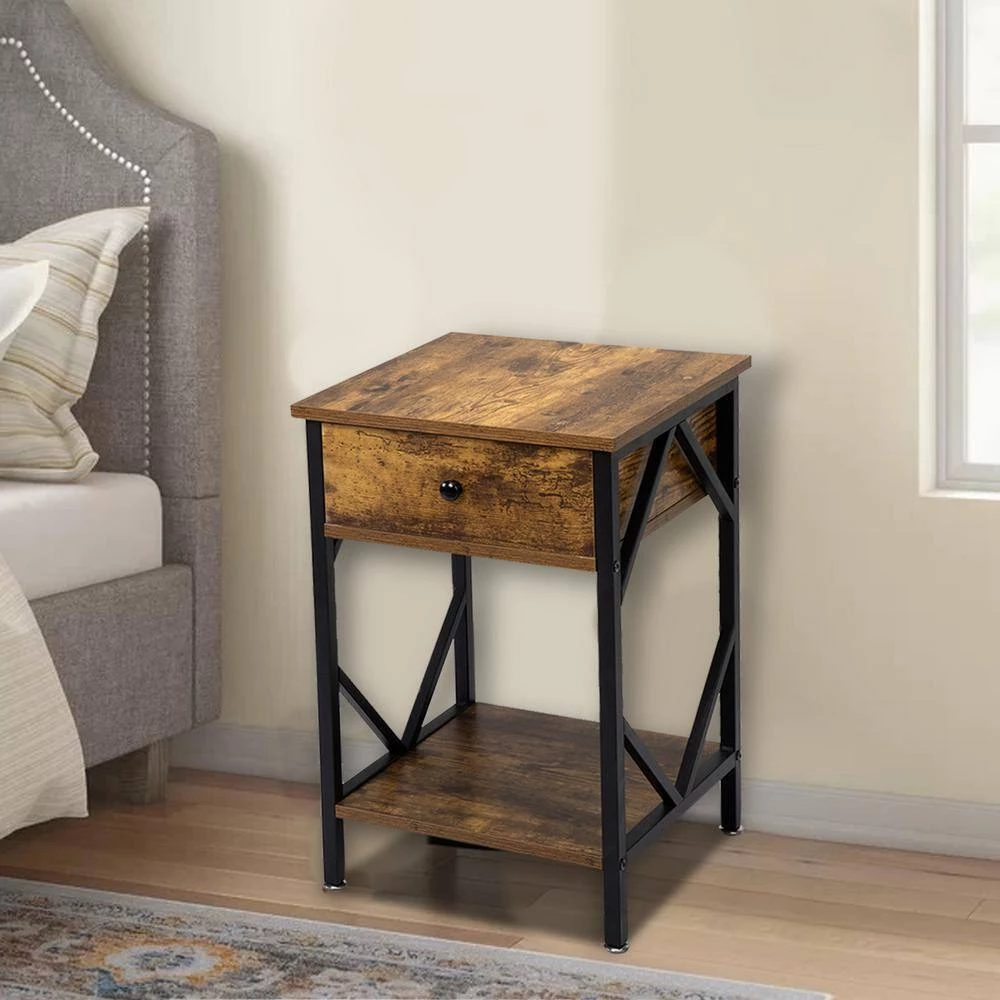 1-Drawer Rustic Brown Wood End Table Nightstand with Storage Shelf and Metal Frame 23.5"H x 15.5"W x 15.5"D (2-Pack) by Kahomvis 8 1-Drawer Rustic Brown Wood End Table Nightstand with Storage Shelf and Metal Frame 23.5"H x 15.5"W x 15.5"D (2-Pack) by Kahomvis - Image 8