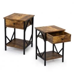1-Drawer Rustic Brown Wood End Table Nightstand with Storage Shelf and Metal Frame 23.5"H x 15.5"W x 15.5"D (2-Pack) by Kahomvis 12 1-Drawer Rustic Brown Wood End Table Nightstand with Storage Shelf and Metal Frame 23.5"H x 15.5"W x 15.5"D (2-Pack) by Kahomvis -Kahomvis Sales Store rustic brown kahomvis nightstands bss lkw1 1571 4f 1000