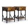 1-Drawer Rustic Brown Wood End Table Nightstand with Storage Shelf and Metal Frame 23.5"H x 15.5"W x 15.5"D (2-Pack) by Kahomvis