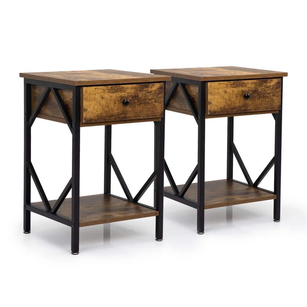 1-Drawer Rustic Brown Wood End Table Nightstand with Storage Shelf and Metal Frame 23.5"H x 15.5"W x 15.5"D (2-Pack) by Kahomvis 1 1-Drawer Rustic Brown Wood End Table Nightstand with Storage Shelf and Metal Frame 23.5"H x 15.5"W x 15.5"D (2-Pack) by Kahomvis