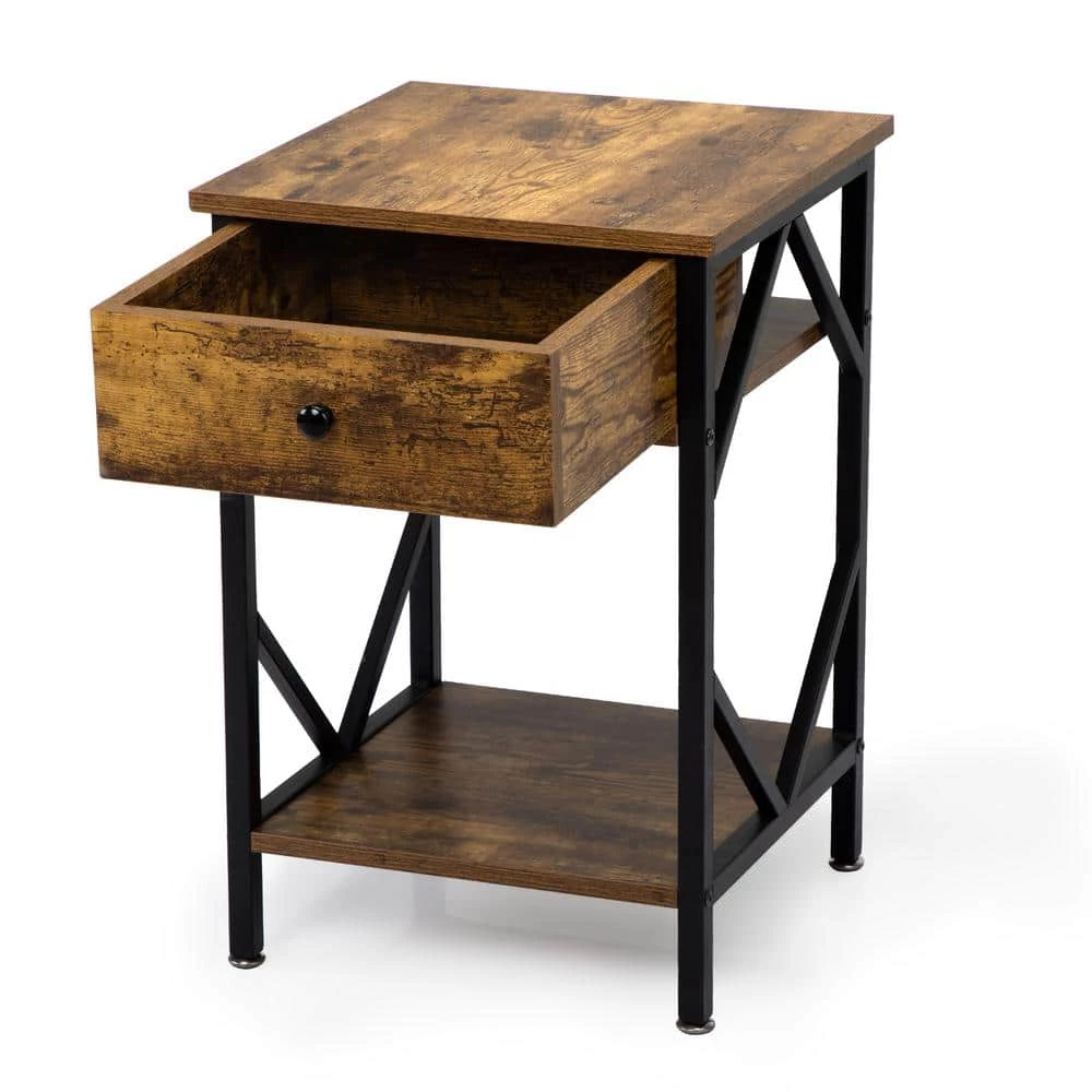 1-Drawer Rustic Brown Wood End Table Nightstand with Storage Shelf and Metal Frame 23.5"H x 15.5"W x 15.5"D (2-Pack) by Kahomvis 3 1-Drawer Rustic Brown Wood End Table Nightstand with Storage Shelf and Metal Frame 23.5"H x 15.5"W x 15.5"D (2-Pack) by Kahomvis - Image 3