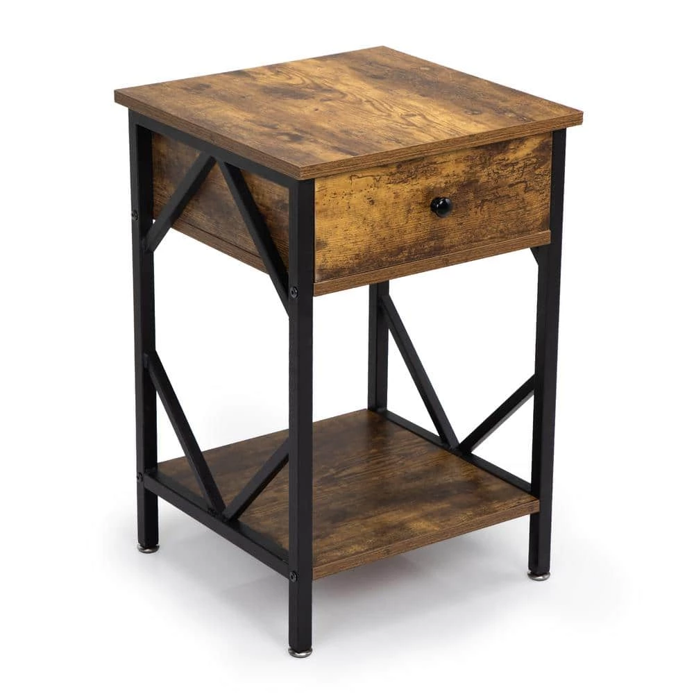 1-Drawer Rustic Brown Wood End Table Nightstand with Storage Shelf and Metal Frame 23.5"H x 15.5"W x 15.5"D (2-Pack) by Kahomvis 2 1-Drawer Rustic Brown Wood End Table Nightstand with Storage Shelf and Metal Frame 23.5"H x 15.5"W x 15.5"D (2-Pack) by Kahomvis - Image 2