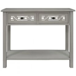 35 in. Silver Distressed Standard Rectangle Wood Console Table with Hollow-Out Decoration-Drawers and-Shelf by Kahomvis