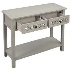 35 in. Silver Distressed Standard Rectangle Wood Console Table with Hollow-Out Decoration-Drawers and-Shelf by Kahomvis 16 35 in. Silver Distressed Standard Rectangle Wood Console Table with Hollow-Out Decoration-Drawers and-Shelf by Kahomvis -Kahomvis Sales Store silver distressed finish kahomvis console tables tre lkwf 10aan 77 1000