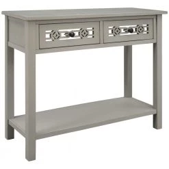 35 in. Silver Distressed Standard Rectangle Wood Console Table with Hollow-Out Decoration-Drawers and-Shelf by Kahomvis 17 35 in. Silver Distressed Standard Rectangle Wood Console Table with Hollow-Out Decoration-Drawers and-Shelf by Kahomvis -Kahomvis Sales Store silver distressed finish kahomvis console tables tre lkwf 10aan c3 1000