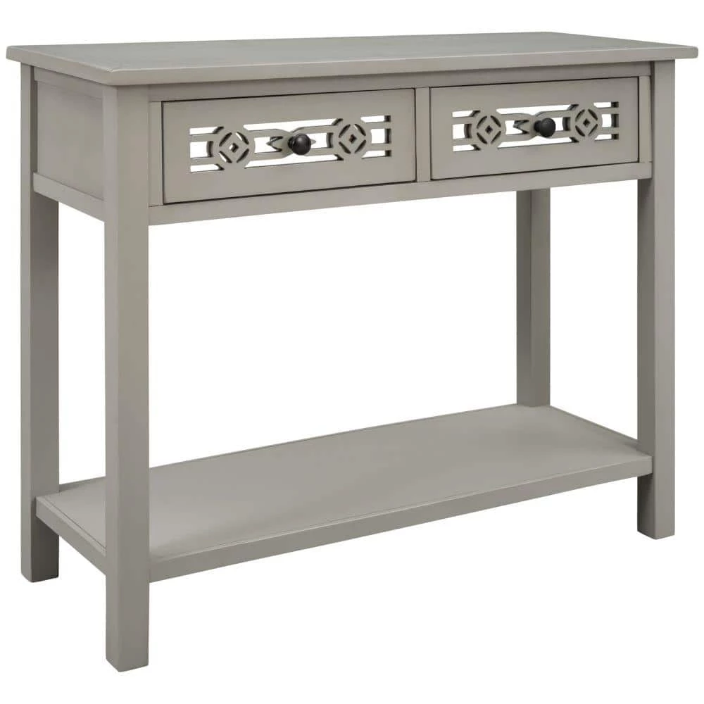 35 in. Silver Distressed Standard Rectangle Wood Console Table with Hollow-Out Decoration-Drawers and-Shelf by Kahomvis 6 35 in. Silver Distressed Standard Rectangle Wood Console Table with Hollow-Out Decoration-Drawers and-Shelf by Kahomvis - Image 6