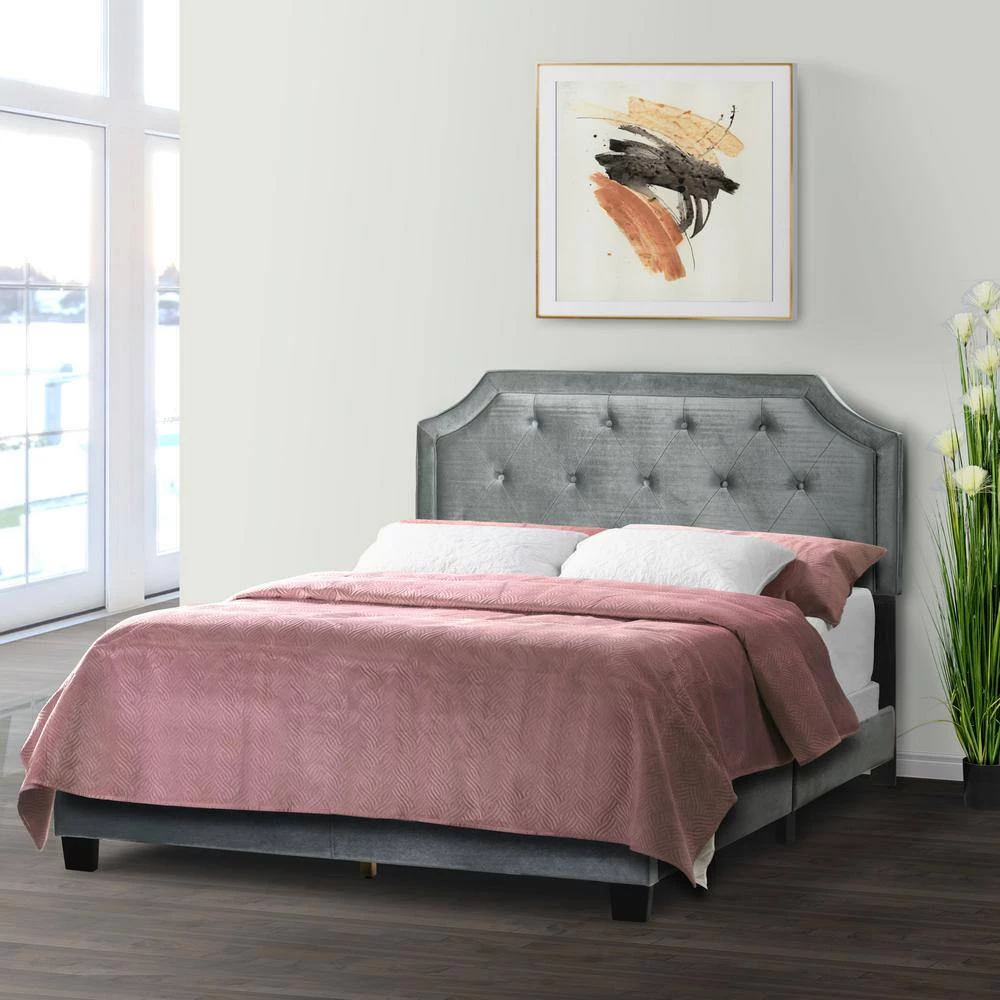 Aria Silver Grey Velvet Queen Bed with Piping and Button Tufting by Glamour Home 5 Aria Silver Grey Velvet Queen Bed with Piping and Button Tufting by Glamour Home - Image 5