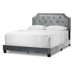 Aria Silver Grey Velvet Queen Bed with Piping and Button Tufting by Glamour Home