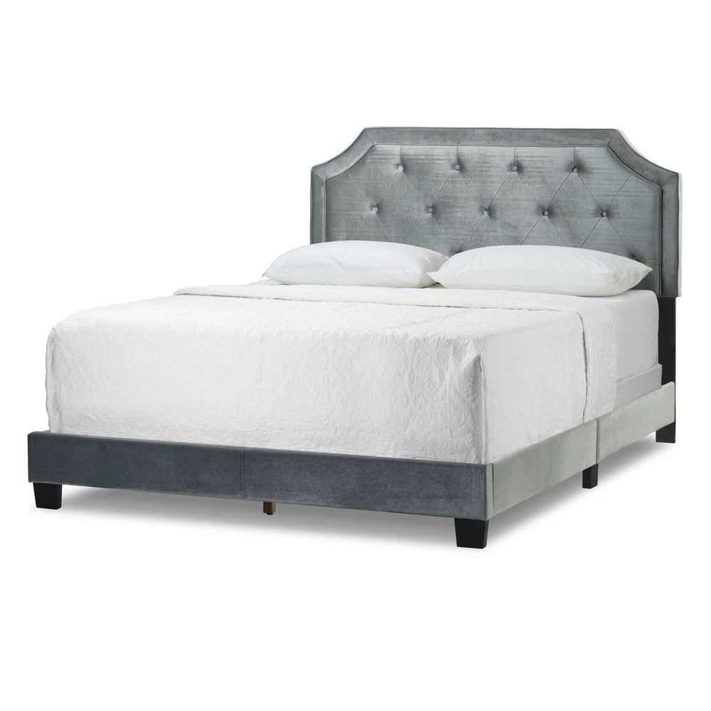 Aria Silver Grey Velvet Queen Bed with Piping and Button Tufting by Glamour Home 2 Aria Silver Grey Velvet Queen Bed with Piping and Button Tufting by Glamour Home - Image 2