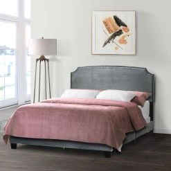 Arezo Silver Grey Velvet Queen Bed with Black Nail Head Trim by Glamour Home -Kahomvis Sales Store silver grey glamour home panel beds ghub 1374 31 1000