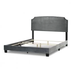 Arezo Silver Grey Velvet Queen Bed with Black Nail Head Trim by Glamour Home