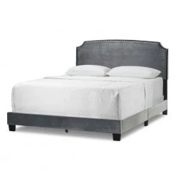 Arezo Silver Grey Velvet Queen Bed with Black Nail Head Trim by Glamour Home -Kahomvis Sales Store silver grey glamour home panel beds ghub 1374 76 1000