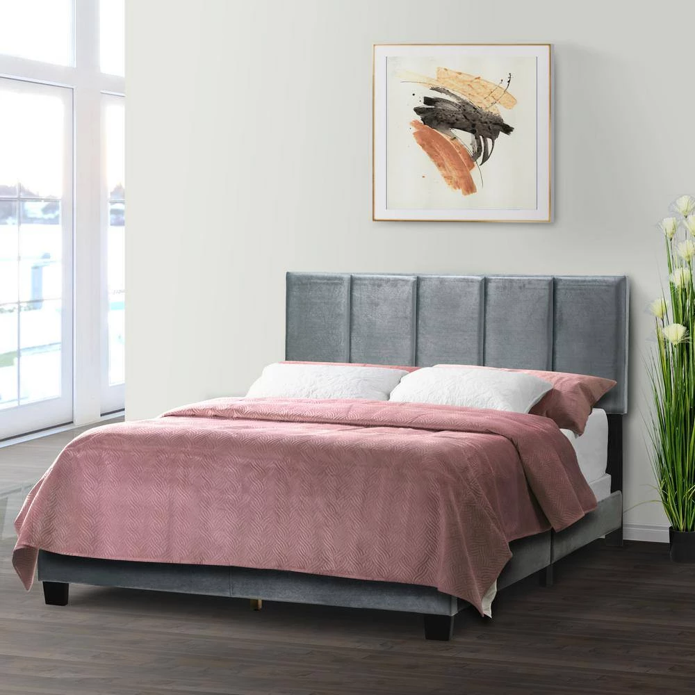 Arty Silver Grey Velvet Queen Bed with Line Stitch Tufting by Glamour Home 5 Arty Silver Grey Velvet Queen Bed with Line Stitch Tufting by Glamour Home - Image 5