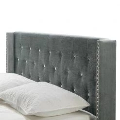 Asali Silver Grey Velvet Queen Bed with Button Tufting and Nail Headed Wings by Glamour Home -Kahomvis Sales Store silver grey glamour home panel beds ghub 1395 1f 1000