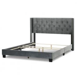 Asali Silver Grey Velvet Queen Bed with Button Tufting and Nail Headed Wings by Glamour Home