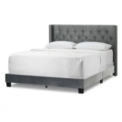 Asali Silver Grey Velvet Queen Bed with Button Tufting and Nail Headed Wings by Glamour Home -Kahomvis Sales Store silver grey glamour home panel beds ghub 1395 76 1000